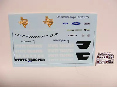 Texas State Trooper 1/18 Waterslide Decals Fits Motormax Police SUV & Cars • $11.49