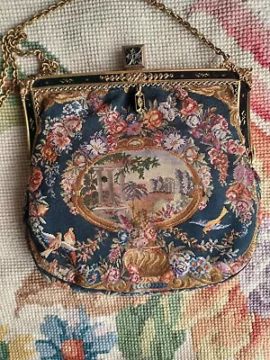 Antique Petit Point Scenic Classical Collums Birds Black Enamel Frame Bag Purse • $75