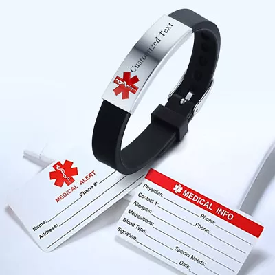 Adjustable Men Bracelet Medical Alert ID Silicone ICE Bangles Custom Engraving • £5.98