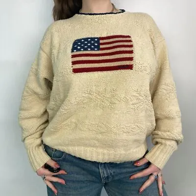 Vintage Polo Ralph Lauren Hand Knitted USA Flag Cream Jumper • £80