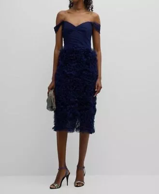 $896 Marchesa Notte Women's Blue Polka-Dot Ruffled Off-Shoulder Dress Size 0 • $286.78