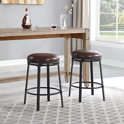 OUllUO 25  Swivel Round Bar Stools Set Of 2 Brown PU Leather Counter Height • $129.99