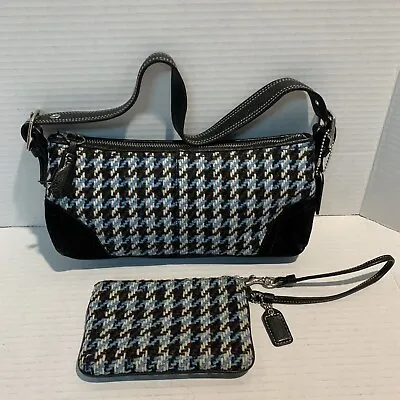 COACH Blue Wool Houndstooth Tweed Leather Suede Shoulder Bag & Wristlet Set • $99.95