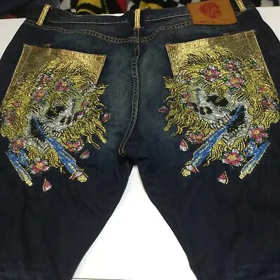 Mens Ed Hardy Skull Jeans Lot 2009 Size 42x34 Rhinestones Distressed See Photos • $124.99