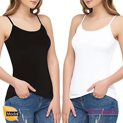 Women Plain Cami Cotton MODAL Tank Top Ladies Stretchy Strappy Camisole • £2.99
