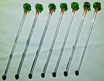 Set Of 7 ~  Glass Swizzle Sticks W Palm Tree Ends ~ TIKI Bar Drink Stirrers • $19.95