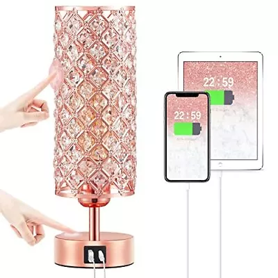 Hong-in Crystal Table Lamp Rose Gold Lamp With USB Ports 3 Way Dimmable Light • $40.96