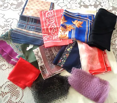 Vtg Lot Of 10+ Scarves Shawls Netting Silk Cotton Wool Poly Bandana Hand Rolled • $20