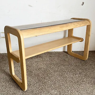 Mid Century Modern Oak Console Table With Smoked Glass Top By Lou Hodges • $795