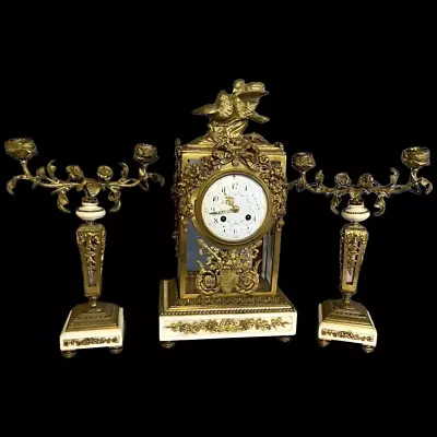 Exquisite 19th Century Louis XVI Clock Set Bronze Crystal And Marble Trio • $4200