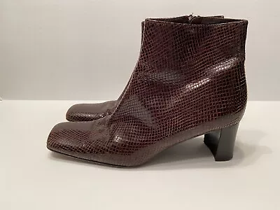 Via Spiga Brown Leather Snake Print Ankle Boots Square Toe Italy Sz 9 Block Heel • $32