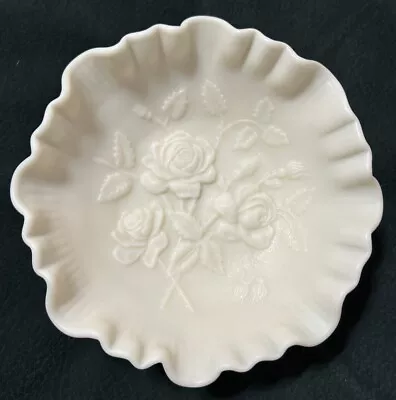 Vintage Imperial Milk Glass White Ruffled Edge Embossed Open Rose Footed Bowl • $24.99