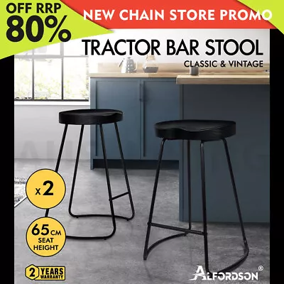 $139.85 • Buy ALFORDSON 2x Bar Stools 65cm Tractor Kitchen Wooden Vintage Chair Black