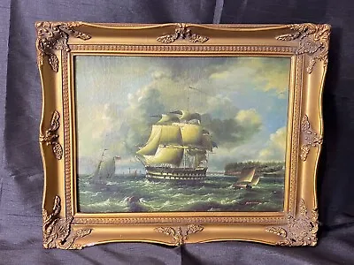 20th Century Maritime Man O War Galleon In Sail Oil Painting Signed Fandenr • £475