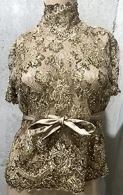 VALENTINO Vintage Runway Gold Sequin Embroidered Lace Bow Dress Top IT 44 / US 8 • $789