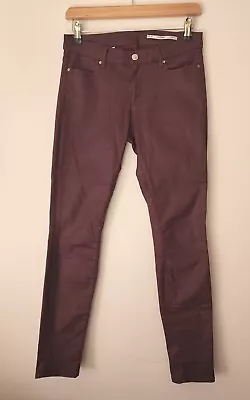 ZARA - Burgundy Faux Leather Wax Coat Slim Fit Jeans Size EUR 36 US 4 AU 8 • £16.11