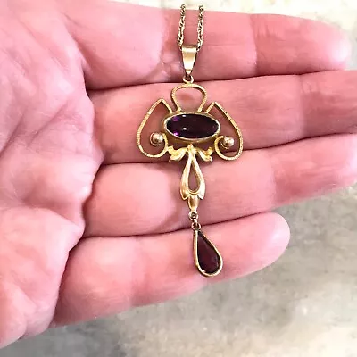 ANTQ Gold Filled 1900’s Purple Faceted Lavalier Dangle Drop Pendant Necklace VTG • $115