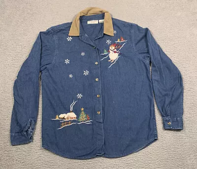 Vintage Victoria Jones Snowman Christmas Blue Button Shirt Petite Large PL • $18.75