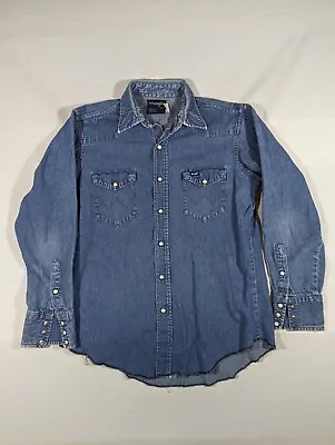 Wrangler Denim Shirt Mens Medium Long Vintage Pearl Snap Long Sleeve Western • $22.99