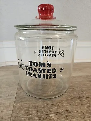 Vintage TOM'S Toasted Peanuts Store Display Jar With Glass Lid (Black Lettering) • $75