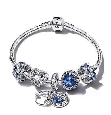 Genuine Pandora Silver Snake Chain Bracelet Blue Moon Stars Dangle 4 Charms Gift • $69