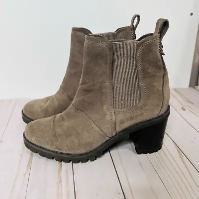 UGG Hazel Brown Taupe Suede Leather Chunky Block Heel Ankle Boots • $60