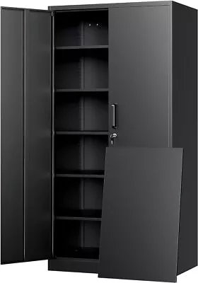 Metal Storage Cabinet With Lock -72  Garage Storage Cabinet With 2 Locking Black • $158.99