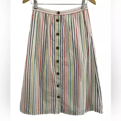 J. Crew | Button Poplin Midi Skirt Rainbow Stripes Size Small • $29