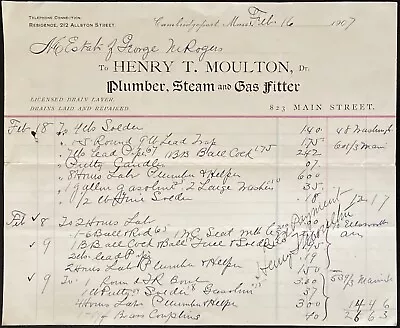 1907 Billhead~henry T. Moulton Cambridgeport Mass. Plumber Steam Gas Fitter • $7.99
