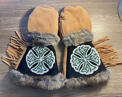 Astis Hand Beaded Celtic Long Cuff Mittens - Leather Fleece & Rabbit Fur -Large • $185