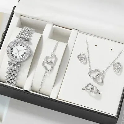 6pc Quartz Watch With Heart Jewellery Set For Women With Earrings Necklace Ring • £9.99