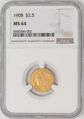 1908 $2 1/2 Gold Indian $2.5 MS64 NGC 948420-1 • $2250