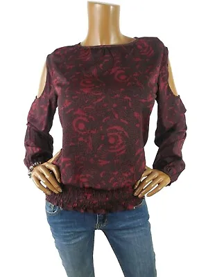 WALTER BAKER Top M Red Print Cold Shoulder Blouse Smocked Waist Long Sleeves  • $14.97