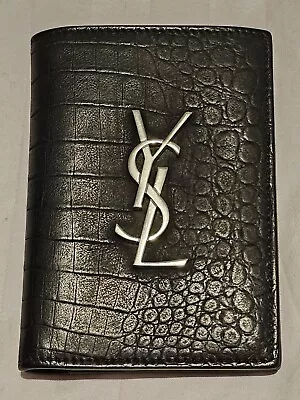 Saint Laurent Black YSL Monogram Credit Card Wallet In Crocodile Embossed Nubuck • $340