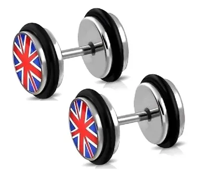 Union Jack Ear Stud Earrings UK Flag England Round Cheater Plug Studs 12mm Pair • £4.99