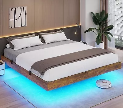 Floating Bed Frame King Size With RGB LED Light Metal Platform Bed Vintage Brown • $165.89