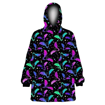 Unisex Galaxy Colorful Bats Stars Bat Print Fleece Oversized Blanket Hoodie • £37.99