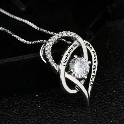 Elegant 925 Sterling Silver White Topaz I Love You To The Moon And Back Necklace • $15.74