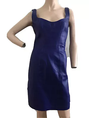 Vintage 80's 90's Blue Leather Pencil Mini Party Dress Uk 8 Eu 36 Us 4 Small • $124.44