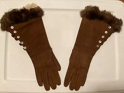 Vintage Women’s Brown Suede Gloves W/ Rabbit Fur Cuffs Size 6 1/2 - 14  England • $31.99