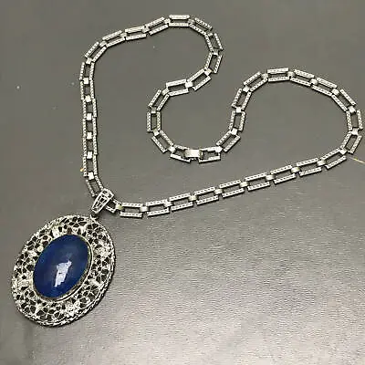 Vintage Art Deco Pendant Necklace . Filigree . Lapis Glass . Costume Jewelry • $129