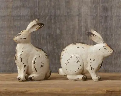 Set Of 2 -- Small Distressed White Sitting BUNNIES - Primitive Farmhouse Decor • $15.95