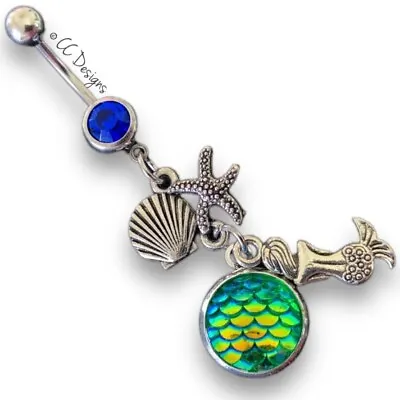 14g Dangle Blue Green Sparkle Mermaid Beach Seashell Scale Belly Ring (B243) • $9.99