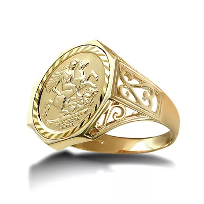 9ct Gold Jewelco London St George Dragon Slayer Octagon Half-Sovereign-Size Ring • £557.99