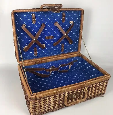 Vintage GREY GOOSE VODKA Wicker Picnic Basket Suitcase Luggage Blue Fabric Lined • $23.50