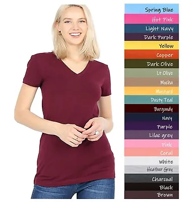 (Zenana Outfitters) V-Neck Short Sleeve T Shirt Plain Solid Top Stretchy Cotton • $11.99