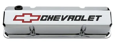 $381.39 • Buy GM Performance 141-930 SBC Slant-Edge Chrome Valve Covers, Tall, Red Bowtie / Bl