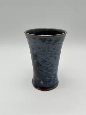 Studio Art Pottery Ceramic 6” Narrow Tumbler Vase Blue Fan Fish Scale Waves • $19.99
