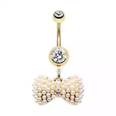 Golden Vintage Pearl Bow Tie Belly Button Ring • $16.99