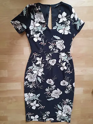 Oasis Black Floral Pencil Wiggle Dress Sz 10 Mad Men 1950s 60s Party Wedding • £8